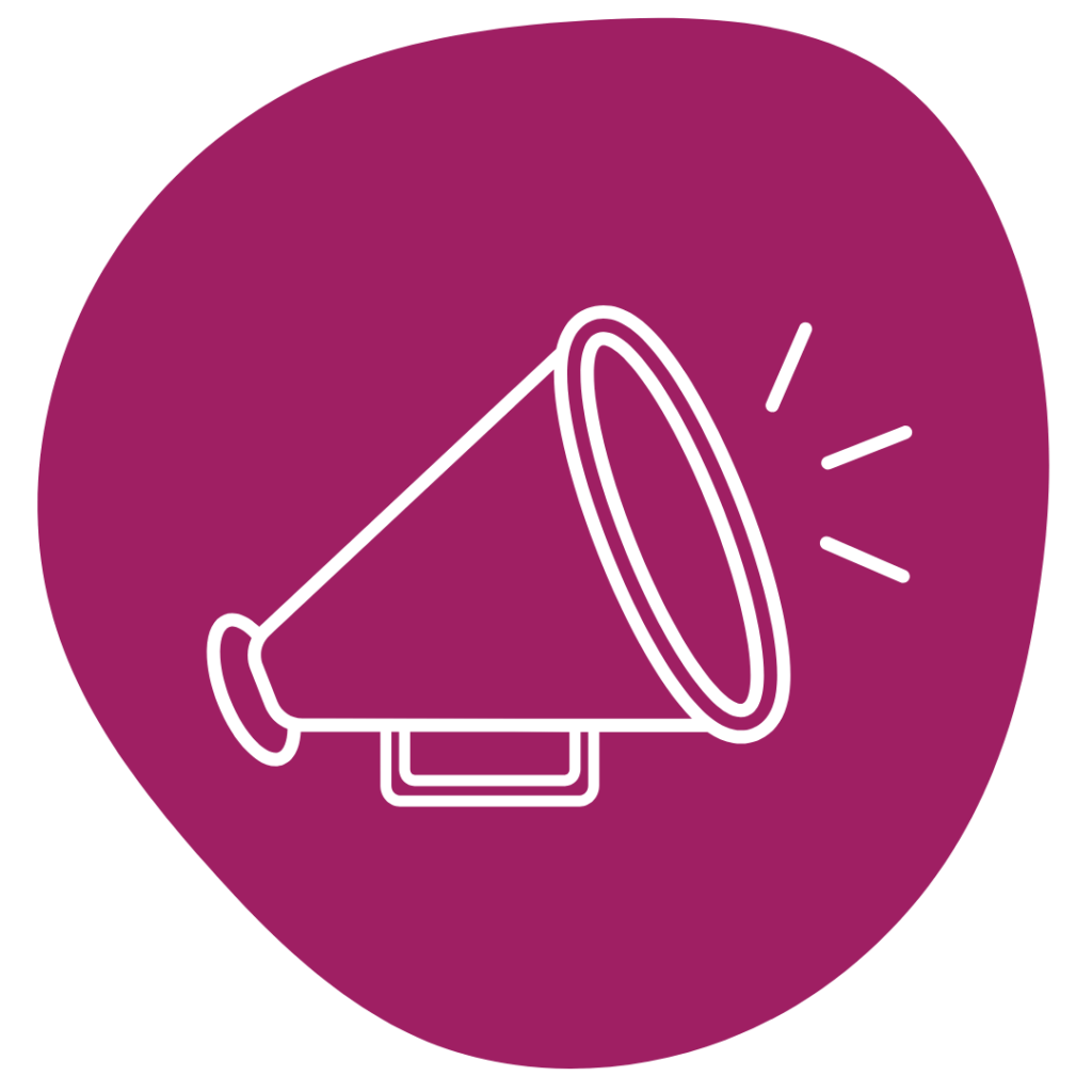 White outline of a loudspeaker on maroon background