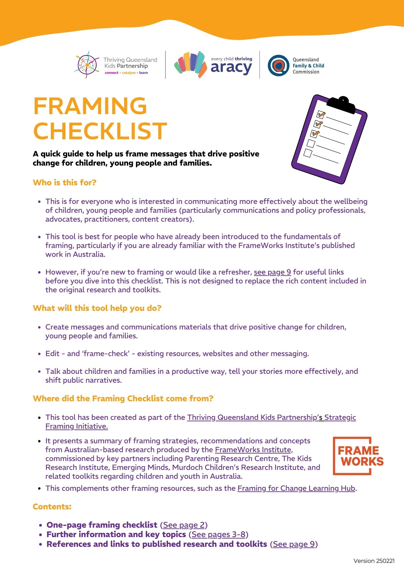 Cover of the Framing Checklist, mostly text as per pdf.