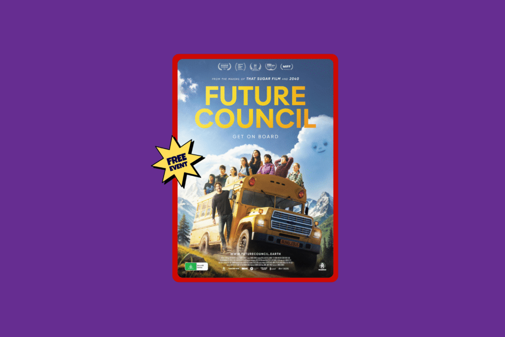 Title of Future Council movie with a yellow bus and 8 children on the bus