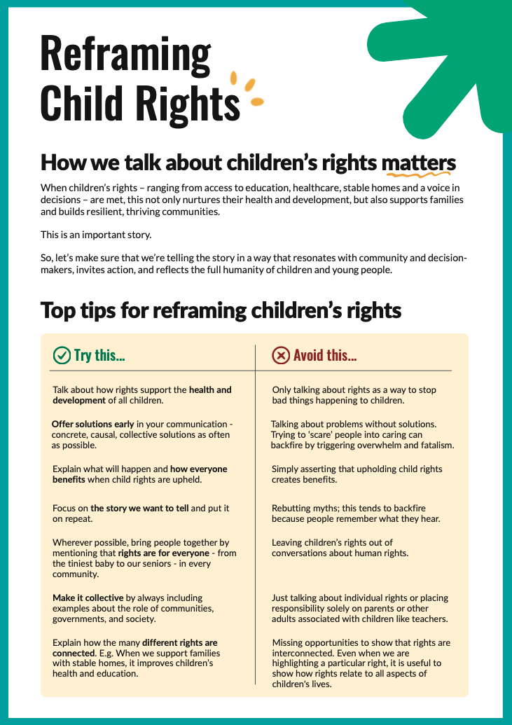 Front page of the Reframing Child Rights 2-pager.
