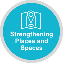 Blue circle that has white words strengthening places and spaces