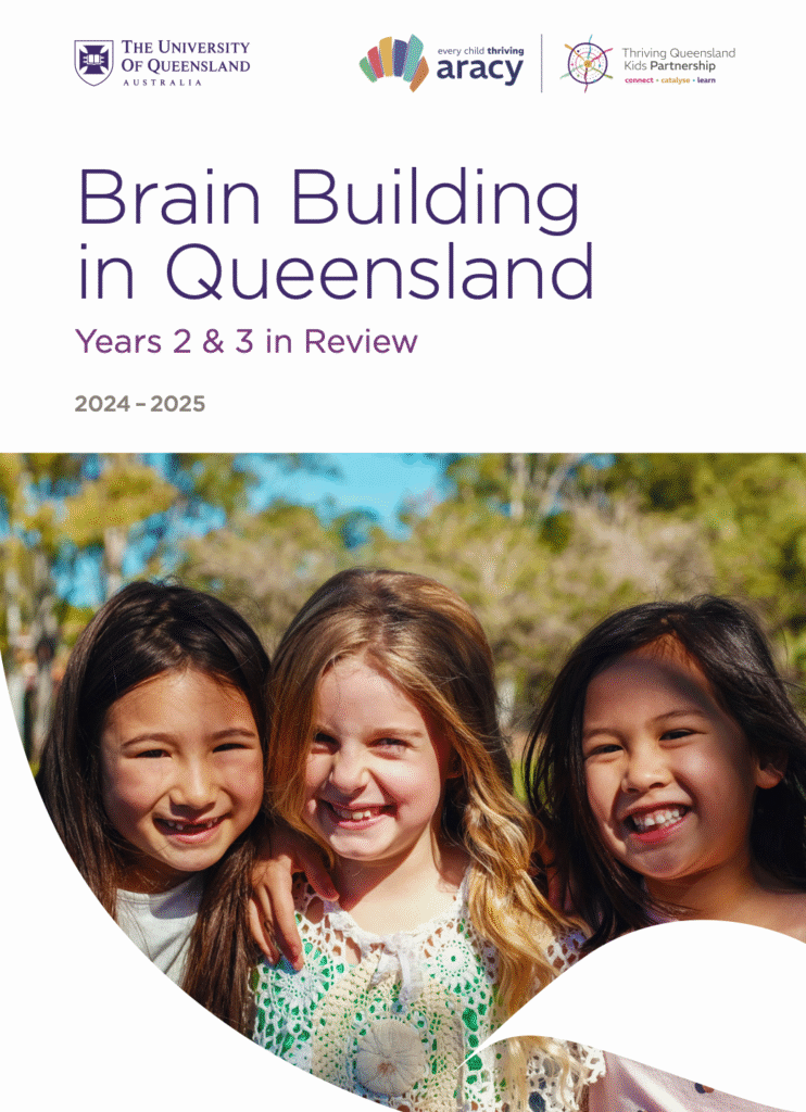 Cover of Brain Building in Queensland Years in Review 2024 / 2025 with a picture of three girls smiling