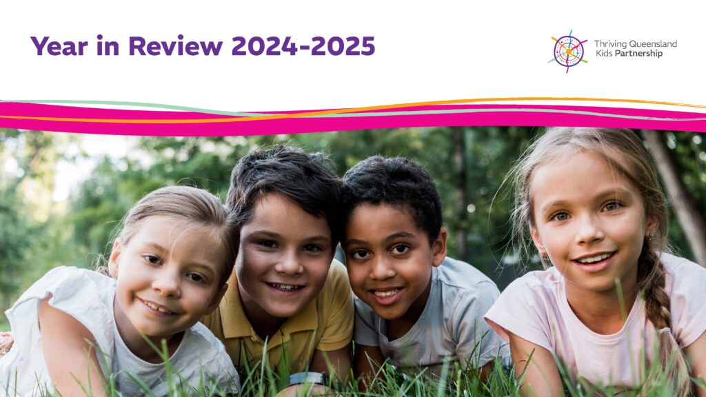 Four smiling children lying on grass, with "Year in Review 2024-2025" text and a colorful logo above them.