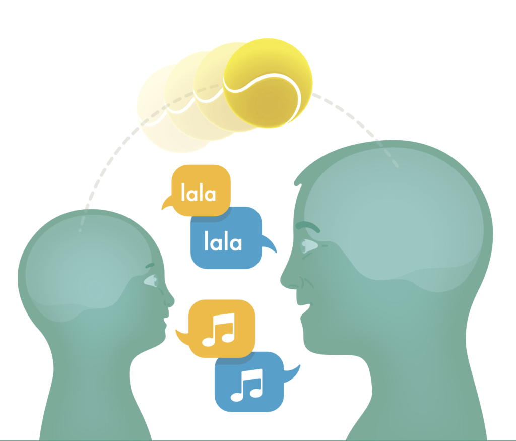 illustration of the heads of an adult and a child with speech bubbles going back and forth and a tennis ball - to show the idea of serve and return interactions that are so important for building young brains