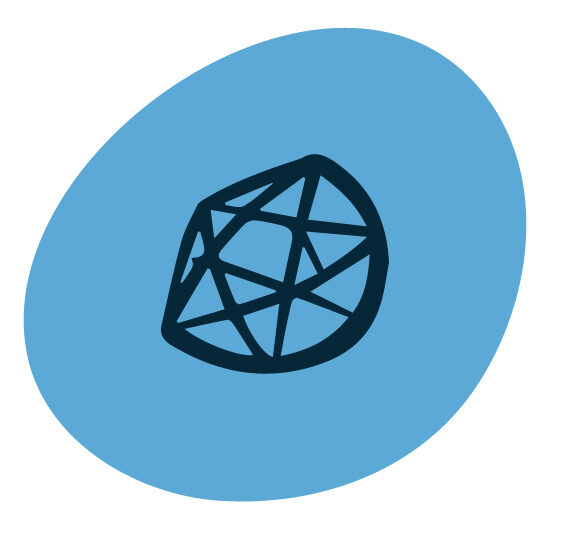 Black diagram of a a network of lines connecting dots, include a blue circular shape