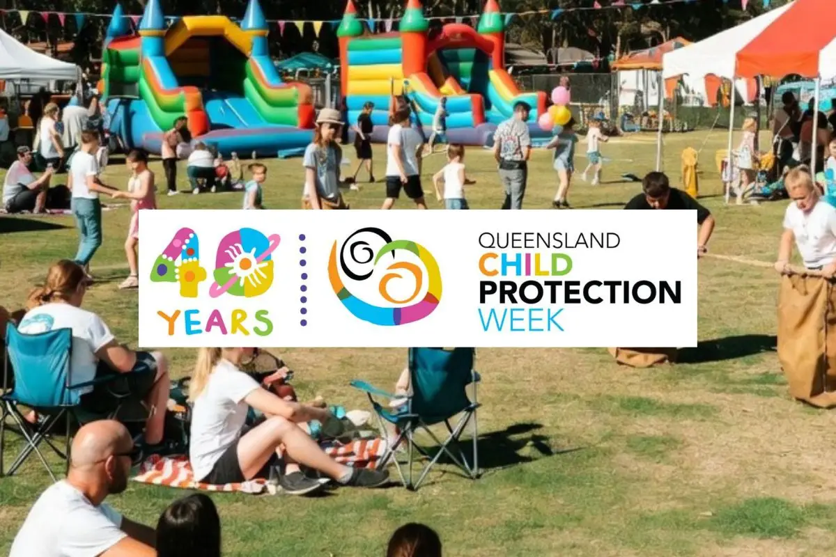 Queensland Child Protection Week logo on background of families at at an outdoor event.
