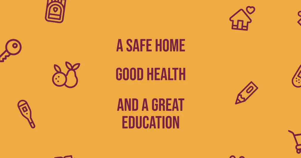 Yellow tile with words: A safe home, good health, and a great education