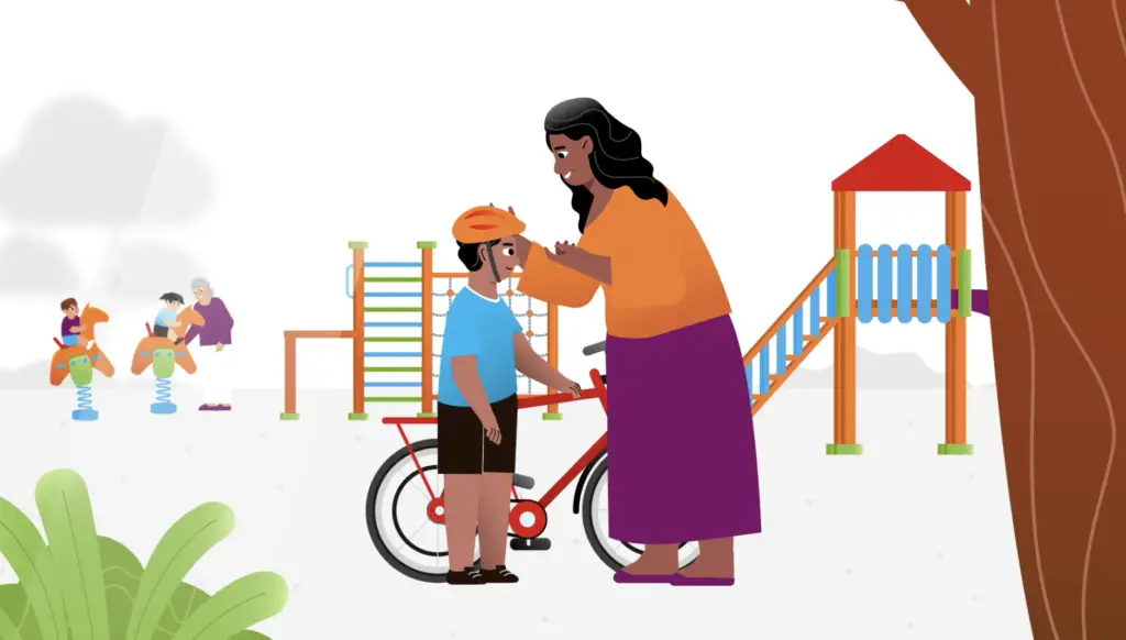 Illustration showing a playground with a mother and child and pushbike in the foreground