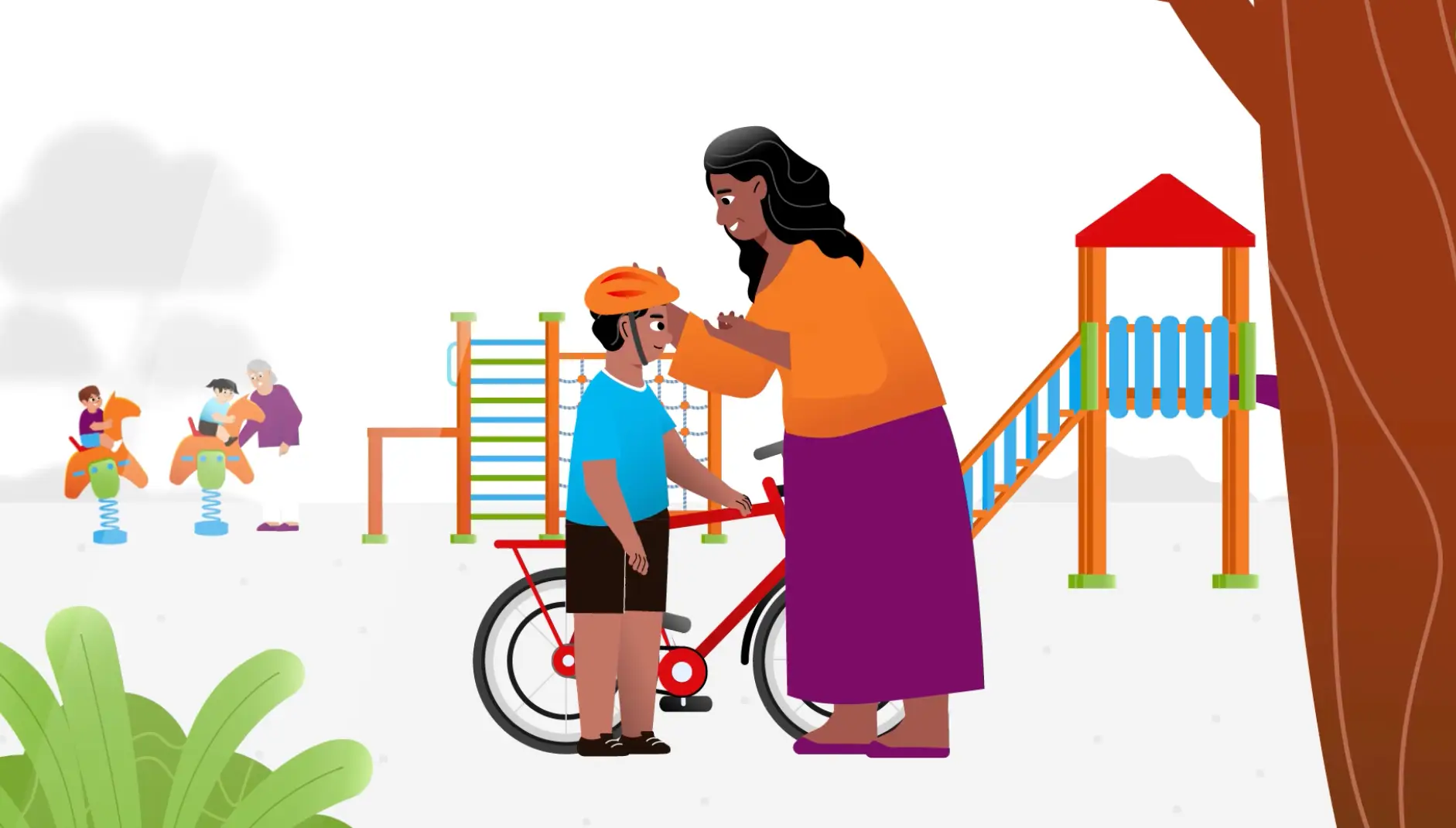 Illustration showing a playground with a mother and child and pushbike in the foreground