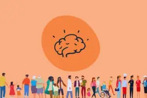 Orange tile with illustration of a brain and images of lots of different people from the community