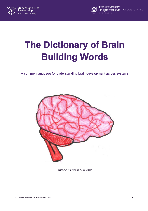 Cover of the Dictionary of Brain Building Workds with a drawing of a brain by a 9 year old child.