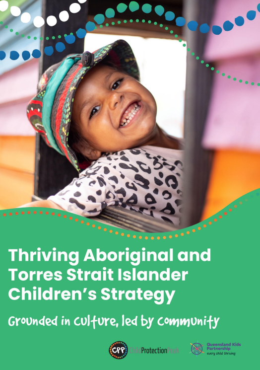 Cover of the Thriving Aboriginal and Torres Strait Islander Children's Strategy with the face of a smiling young child